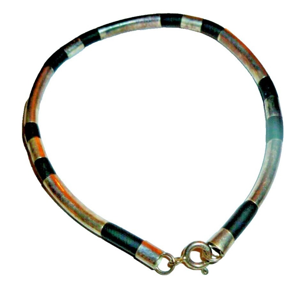 Sterling Silver Liquid Tube Bead Bracelet Black Spacers Minimalist 925 Unisex‎